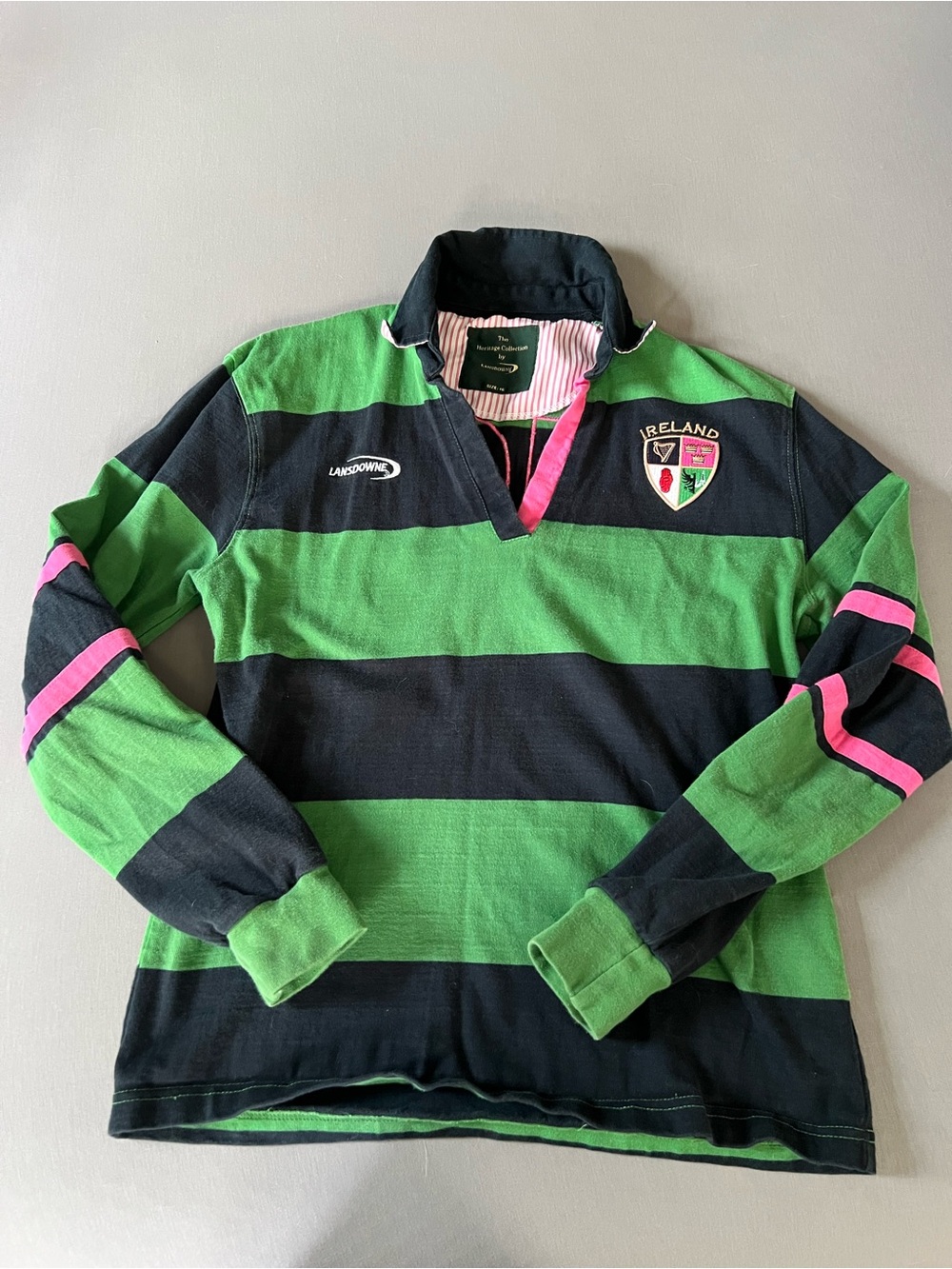 Lands' End Ireland Rugby-Style Long Sleeve Stripe Tee - Green/Black/Pink